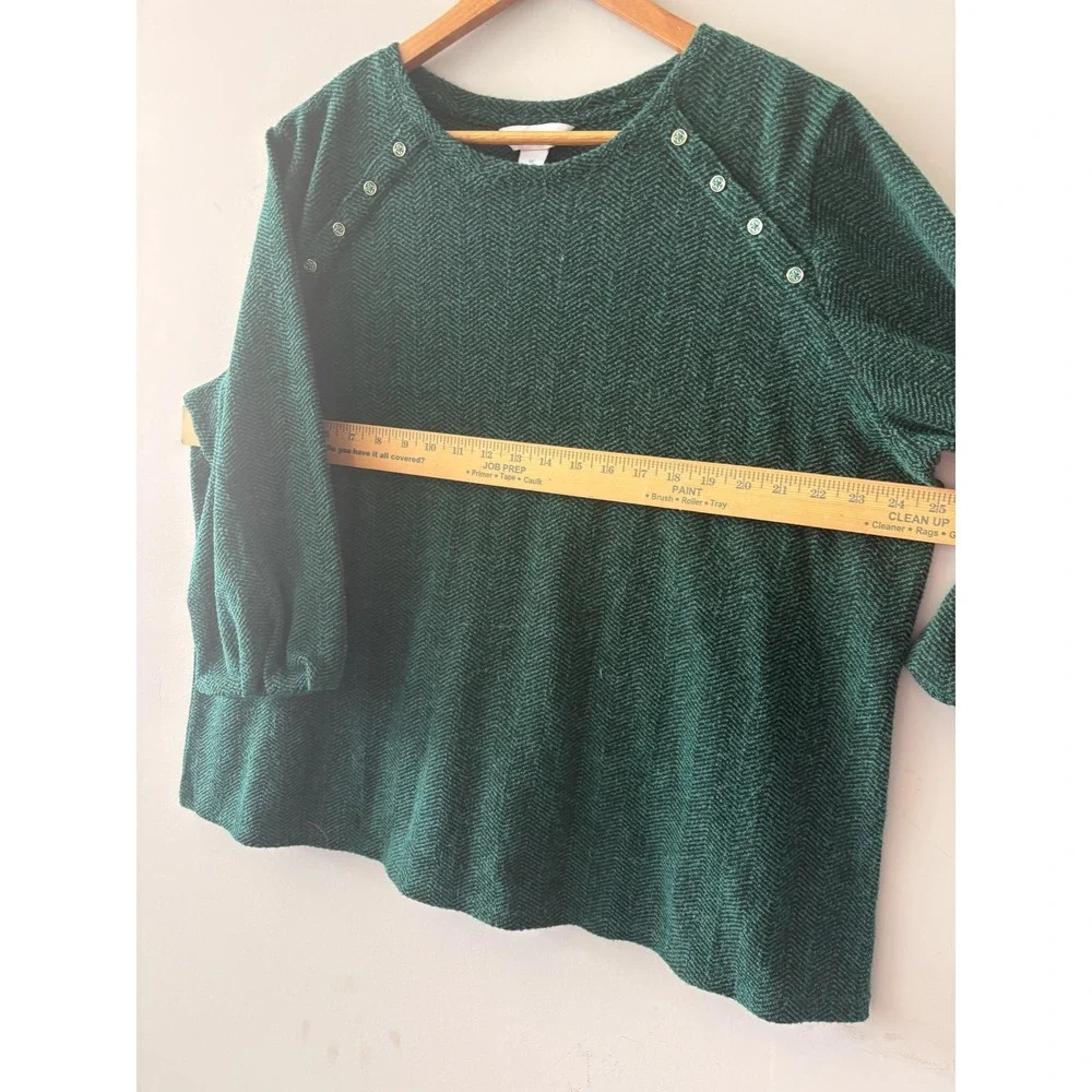 Liz Claiborne Sweater Womens 1X Green Herringbone Button Boat Neck Pullover